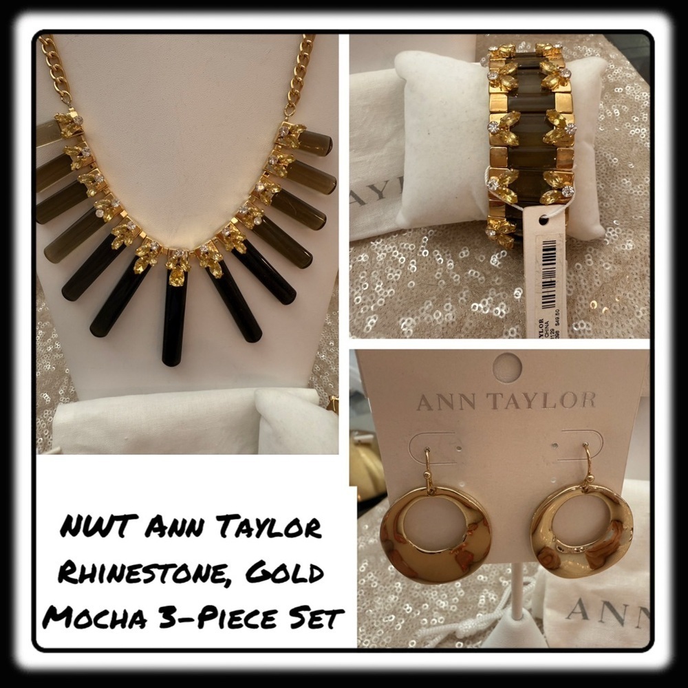 NWT Ann Taylor Rhinestone, Gold, Mocha 3-Piece Set STATEMENT PIECES. Dust Bag.